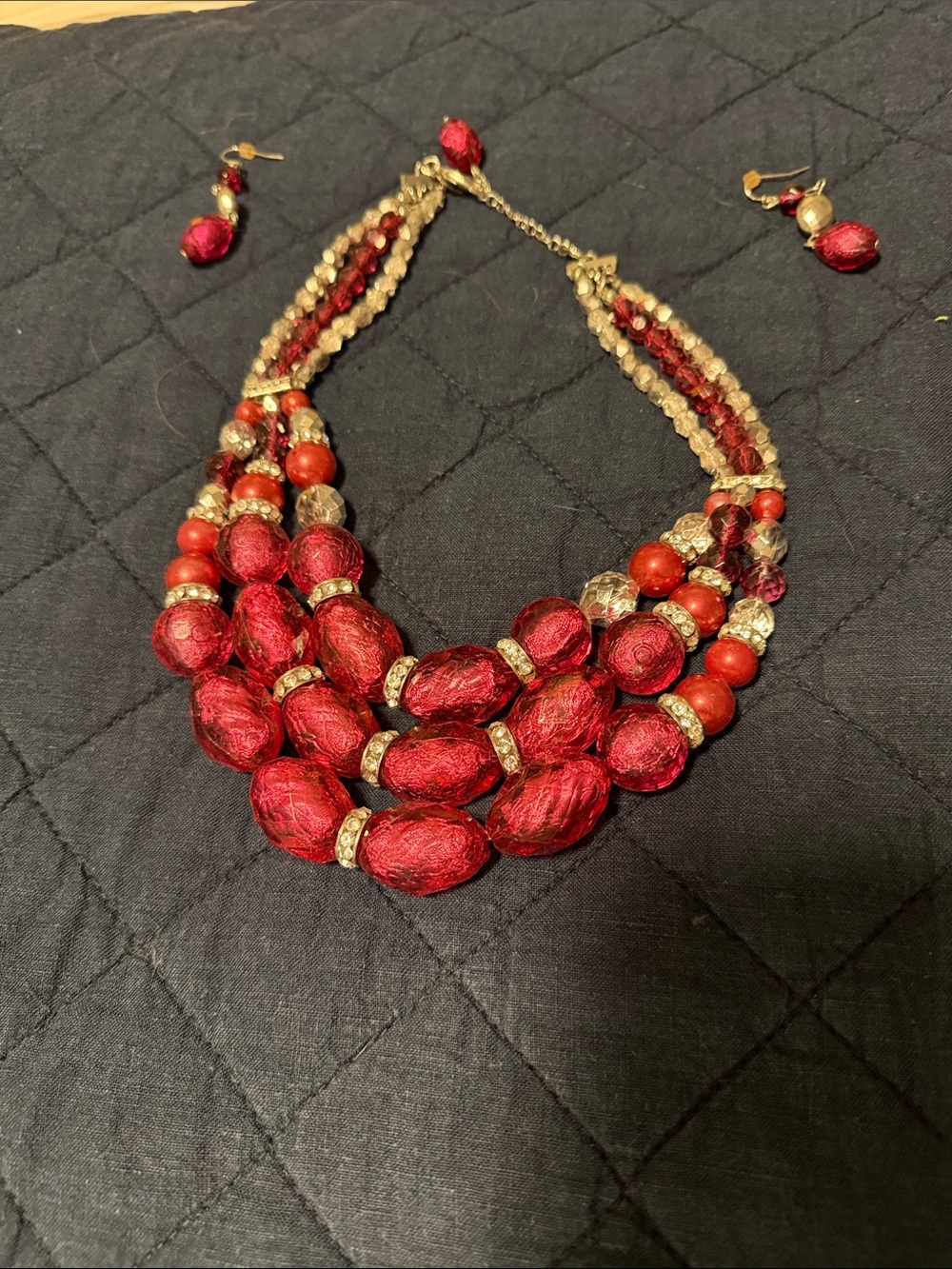 White House Black Market Red Multi-Strand Statement Necklace with Earrings